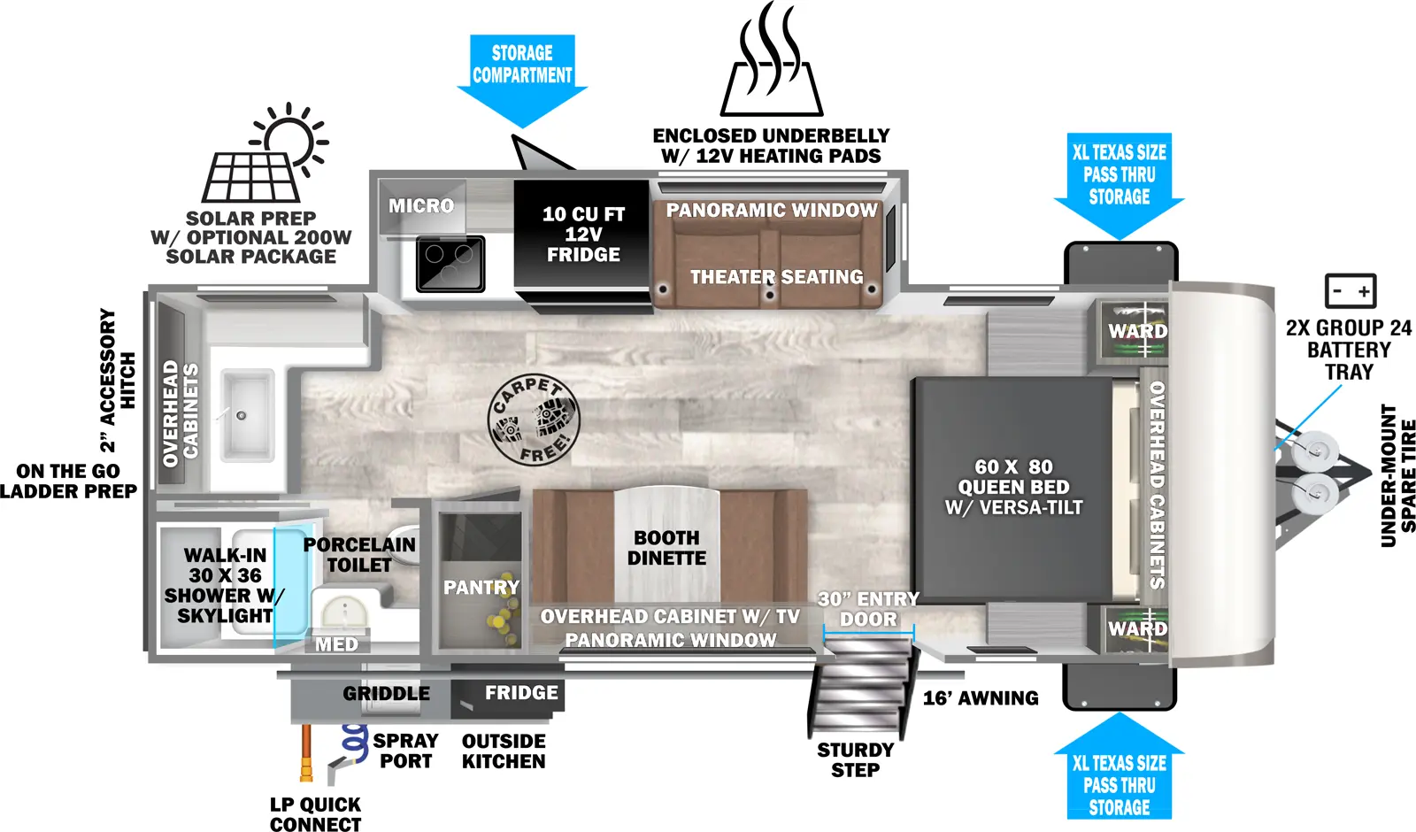 The Hemisphere Travel Trailers 22RKHL has one entry and one slide out. Exterior features include: fiberglass exterior, 16' awning and outside kitchen. Interiors features include: front bedroom.